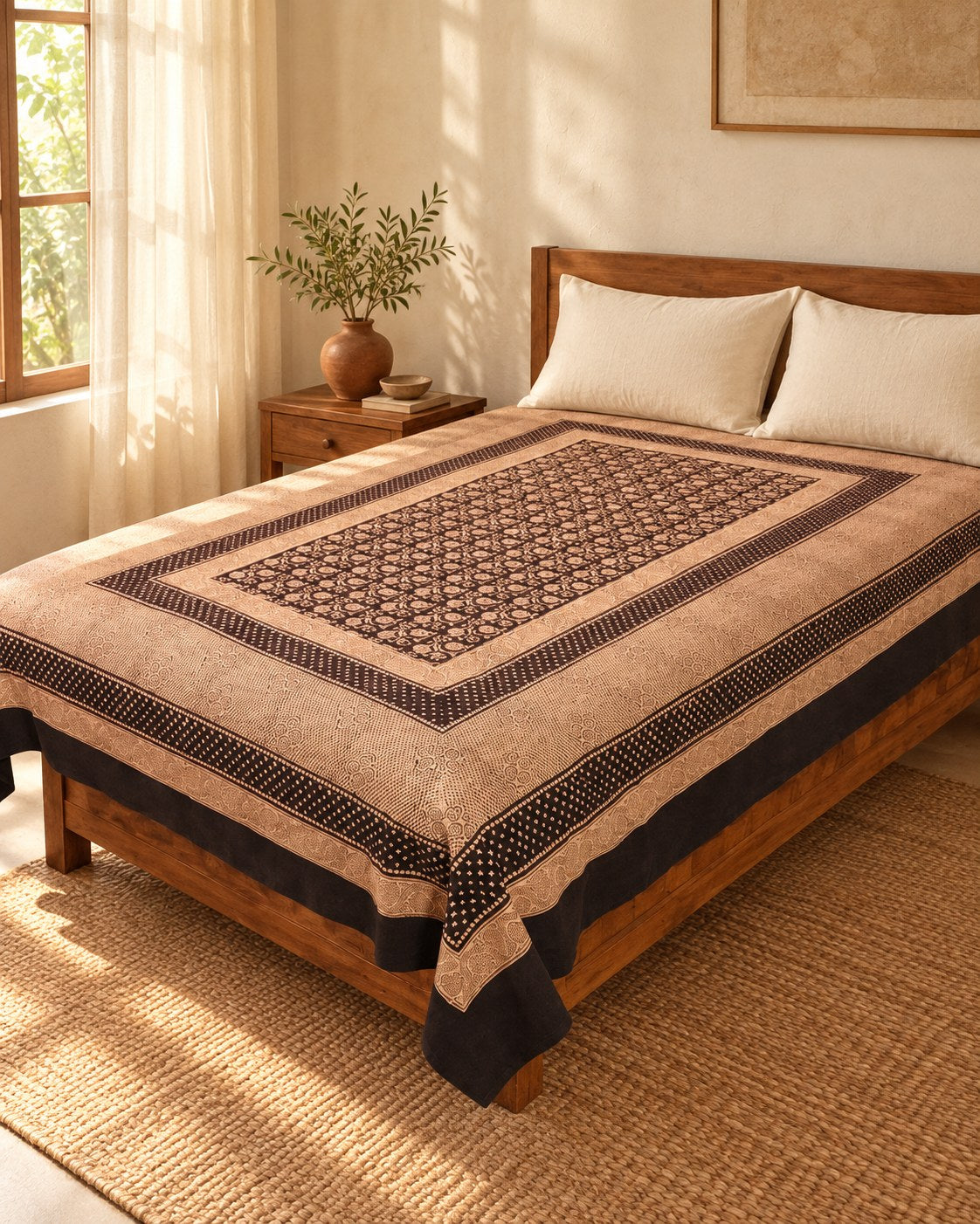Hand block printed bedsheet styled in a bedroom