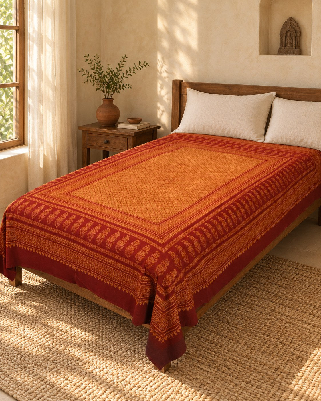 Hand block printed bedsheet styled in a bedroom