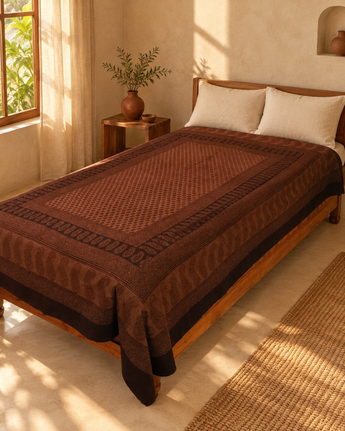 Hand block printed bedsheet styled in a bedroom