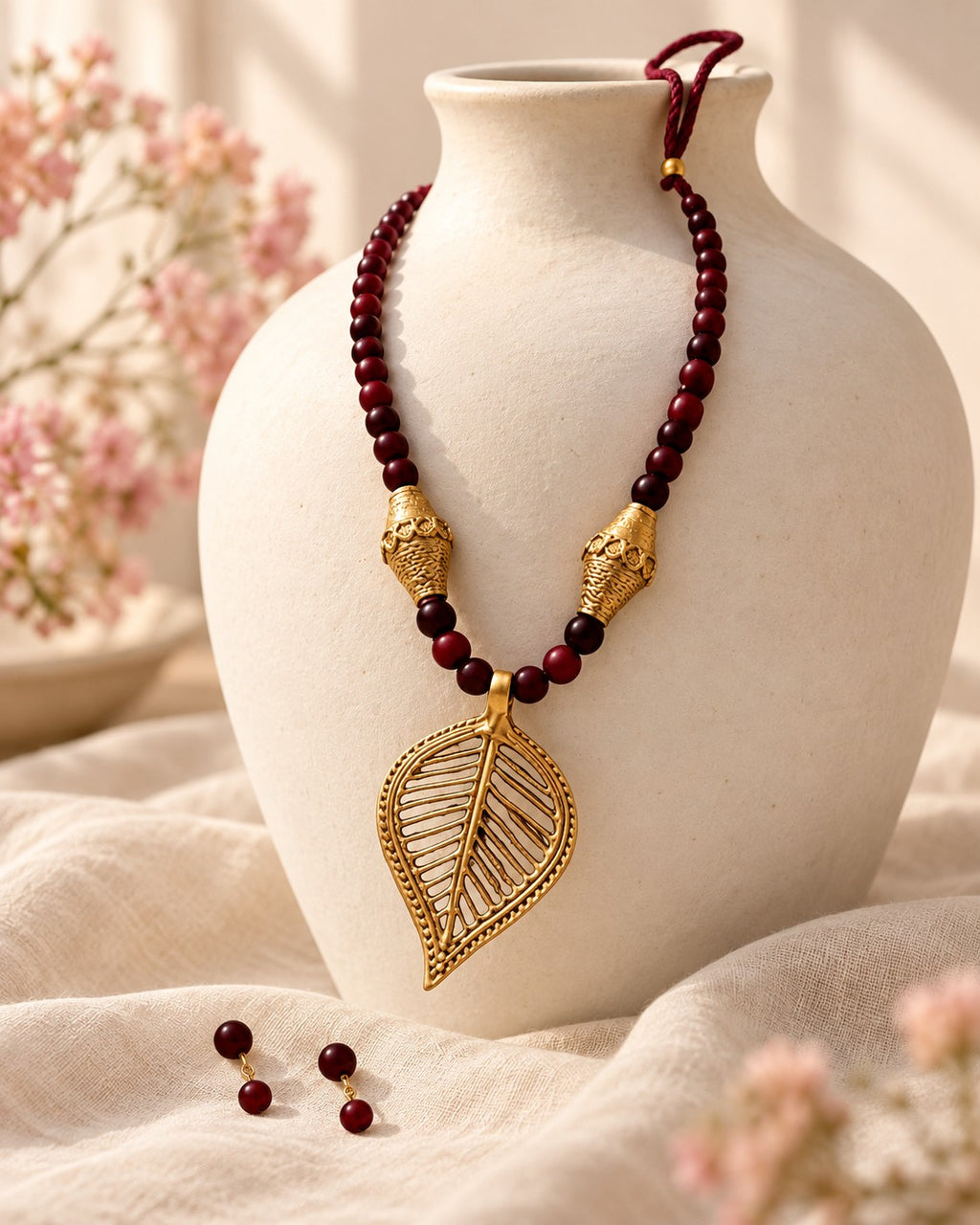 Styled image: Sindoori Bhareva Bell Metal Leaf Pendant Necklace Set on a white vase