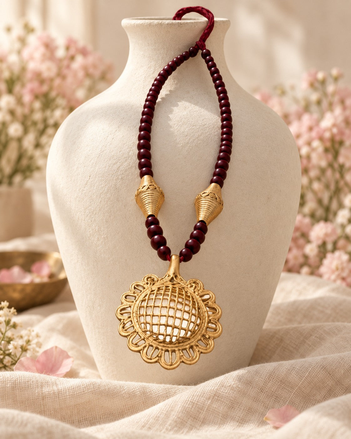 Styled image: Kattha Bell Metal Pendant Necklace Set with Maroon Beads on a white vase