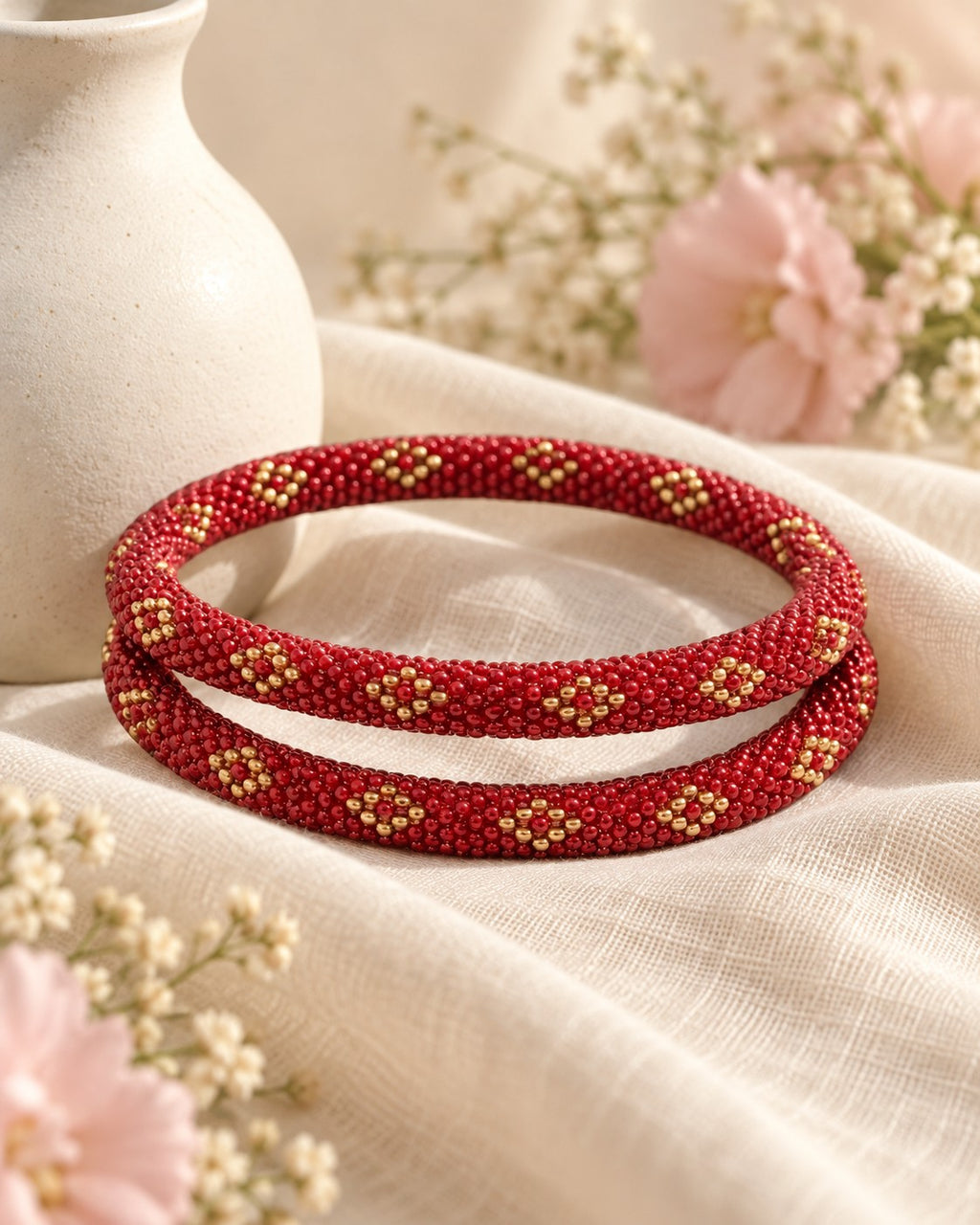 Styled image: Sindoori Beaded Bangles on linen