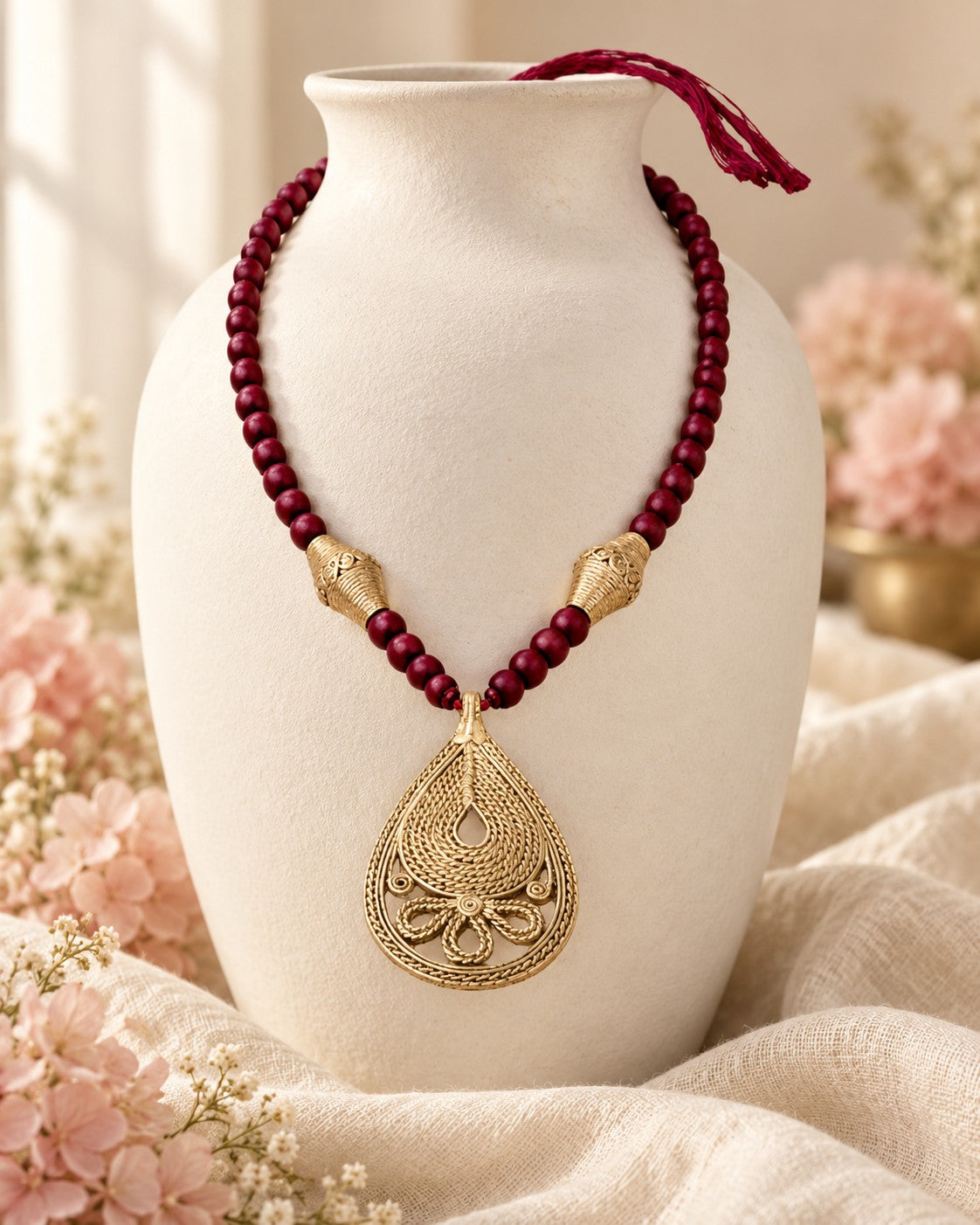 Styled image: Kattha Bell Metal Teardrop Pendant Necklace Set with Maroon Beads on a white vase