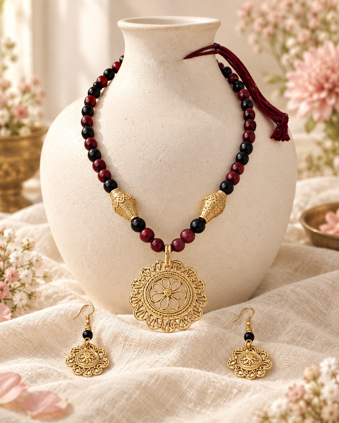 Styled image: Shyam Bell Metal Floral Pendant Necklace Set on a white vase