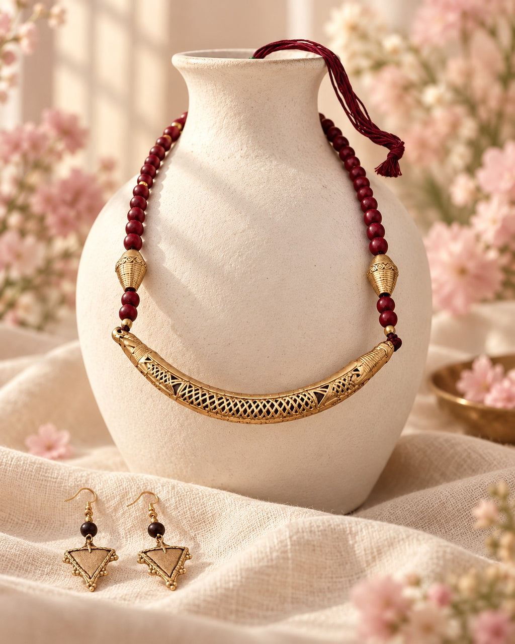 Styled image: Sindoori Bell Metal Crescent Bar Necklace Set on a white vase