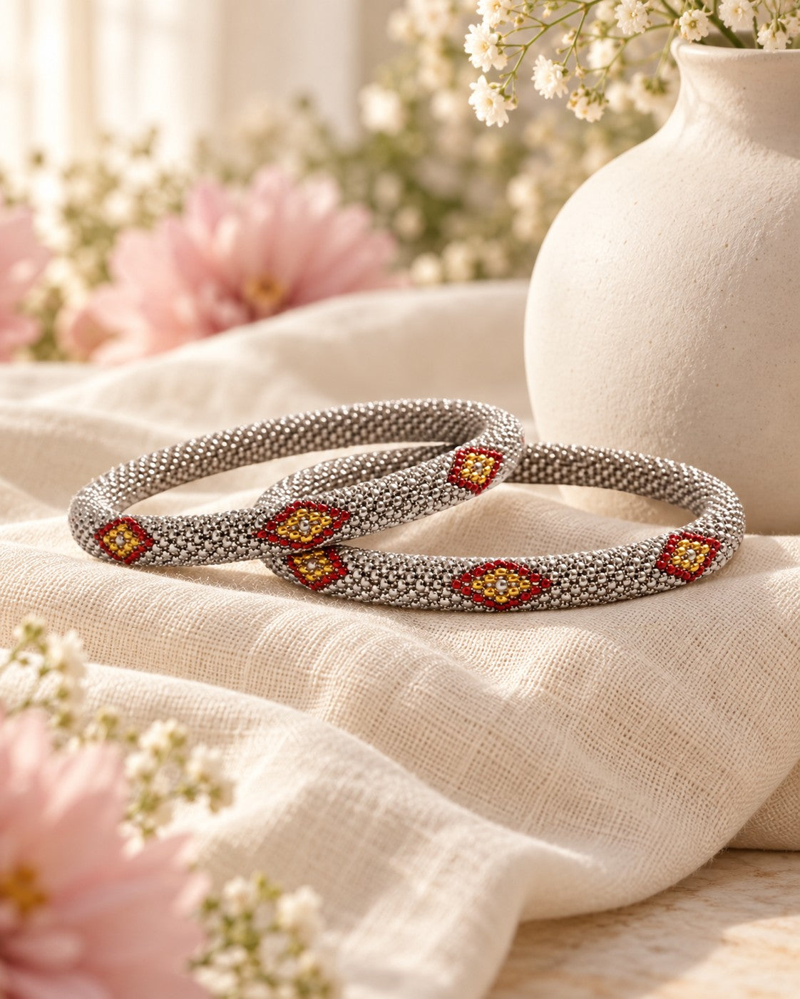 Styled image: Dhuan Beaded Bangles on linen