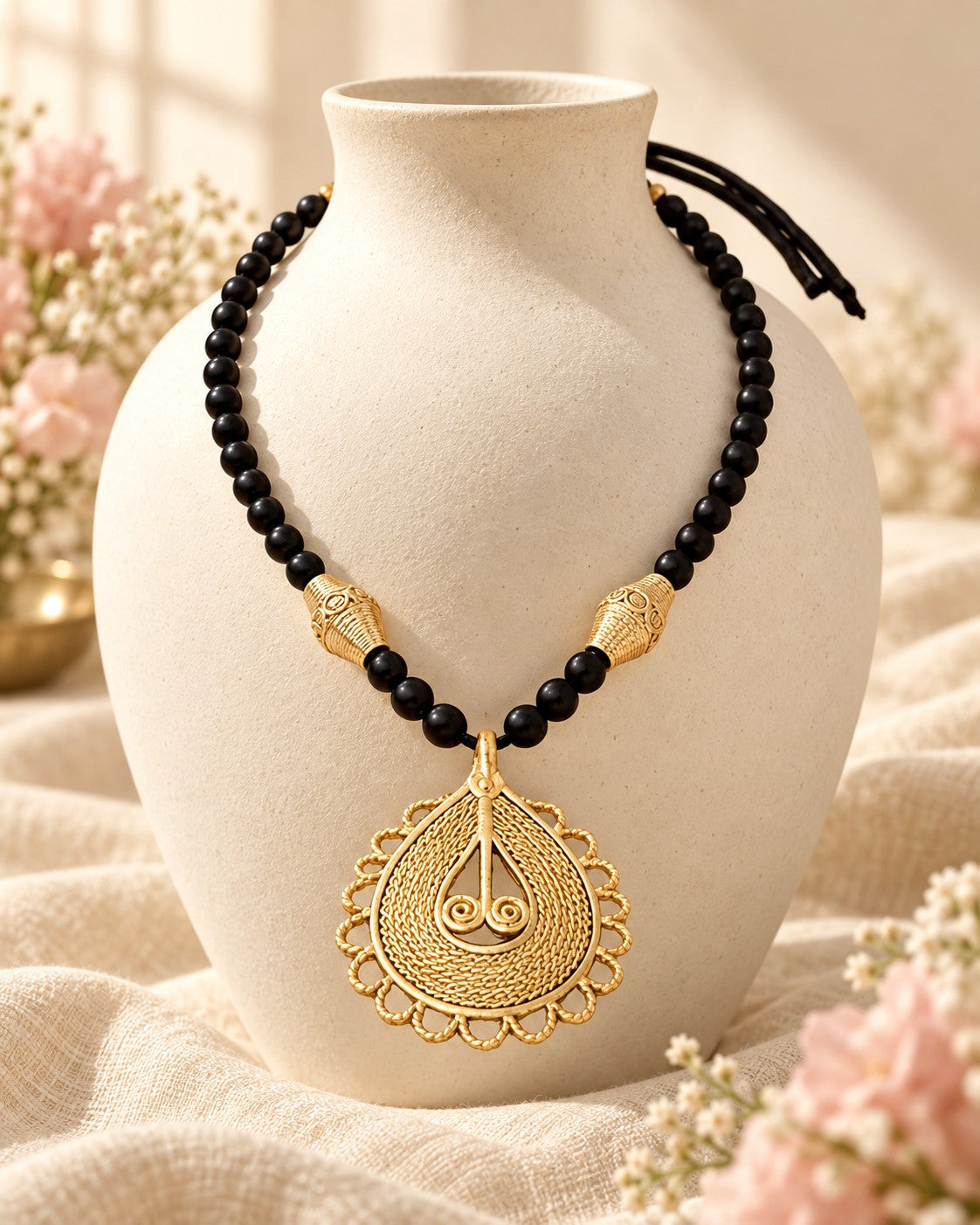 Styled image: Shyam Bell Metal Teardrop Pendant Necklace Set with Black Beads on a white vase