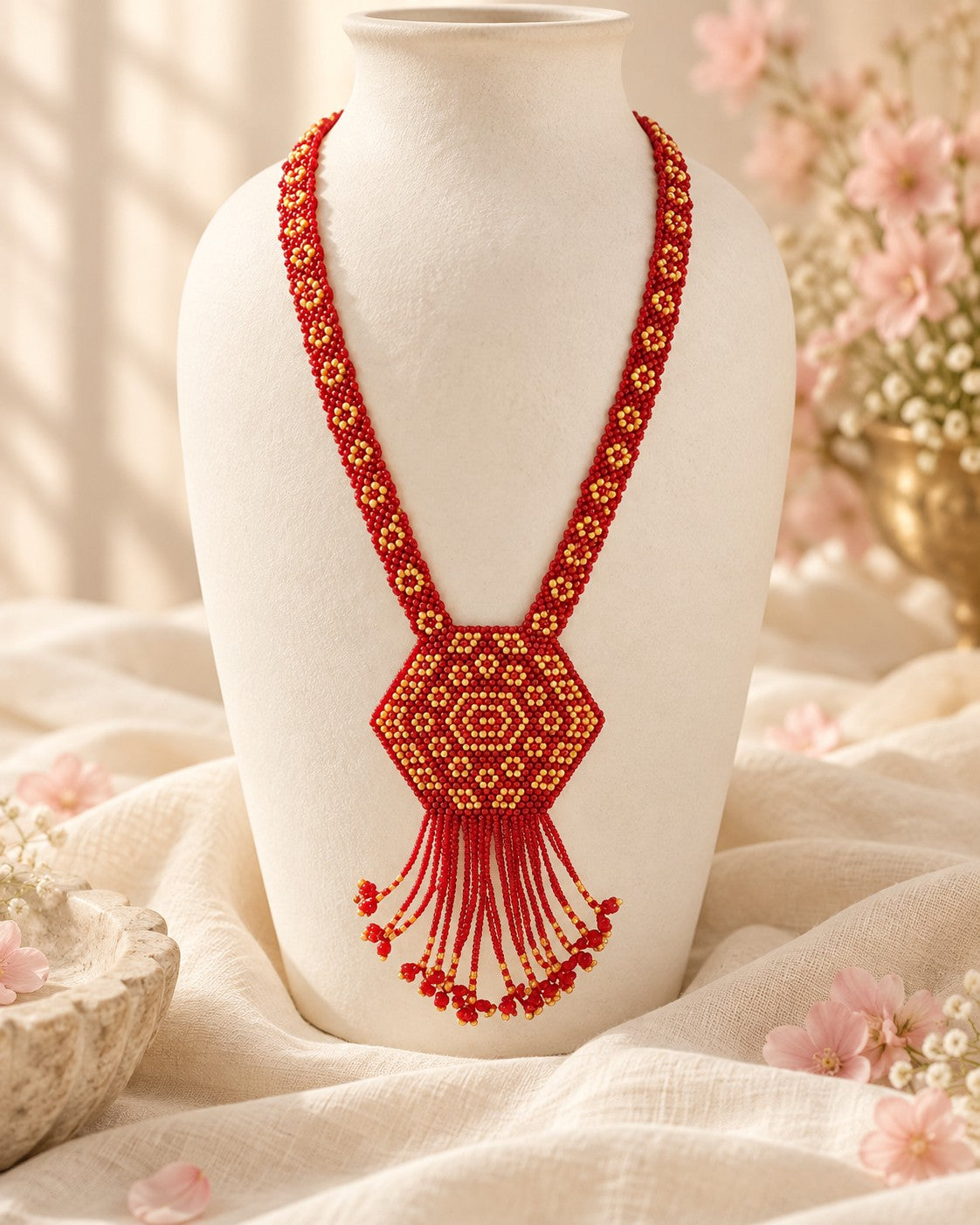 Styled image: Sindoori Geometric Beaded Mangalsutra Set on a white vase