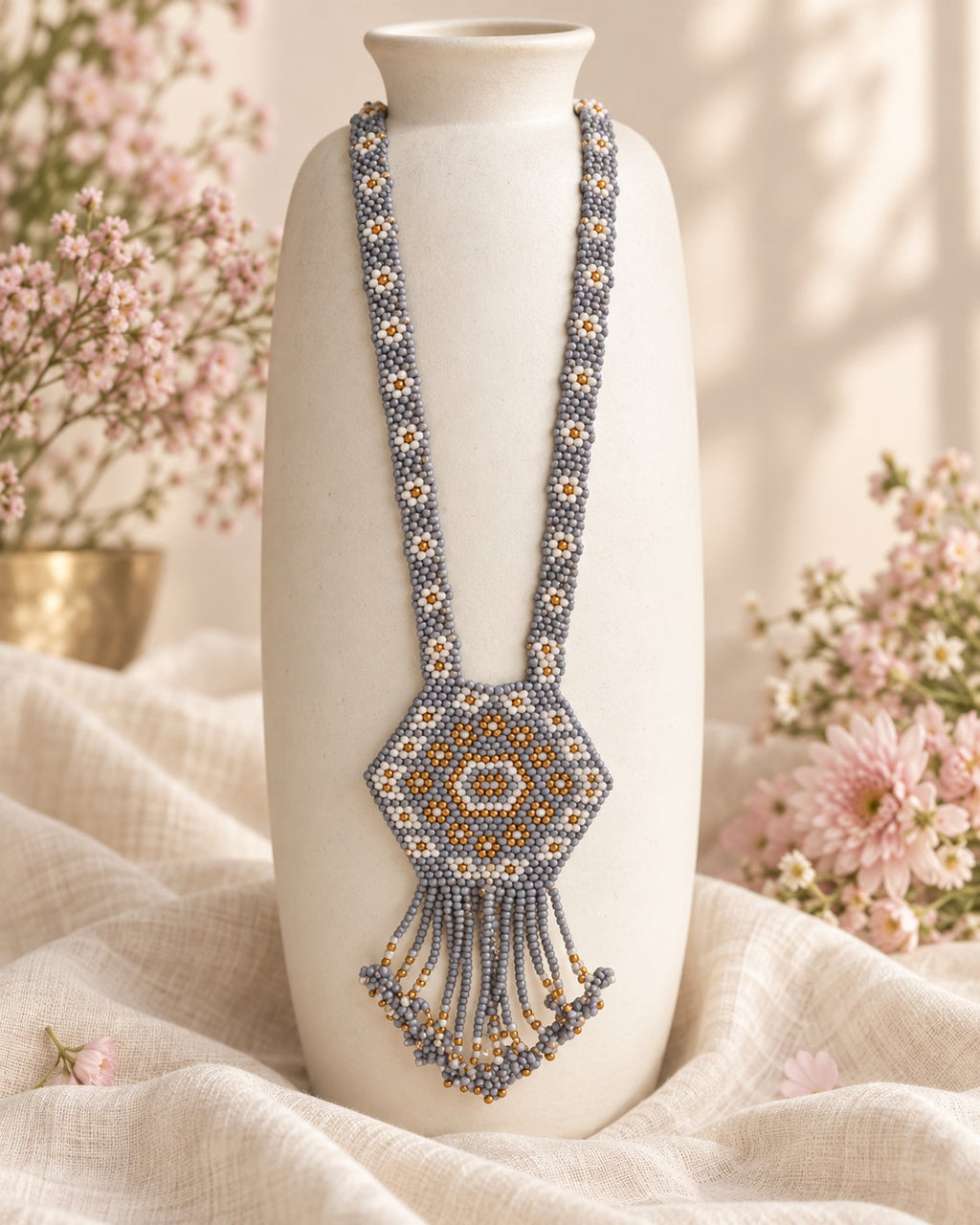 Styled image: Dhuan Geometric Beaded Mangalsutra Set on a white vase