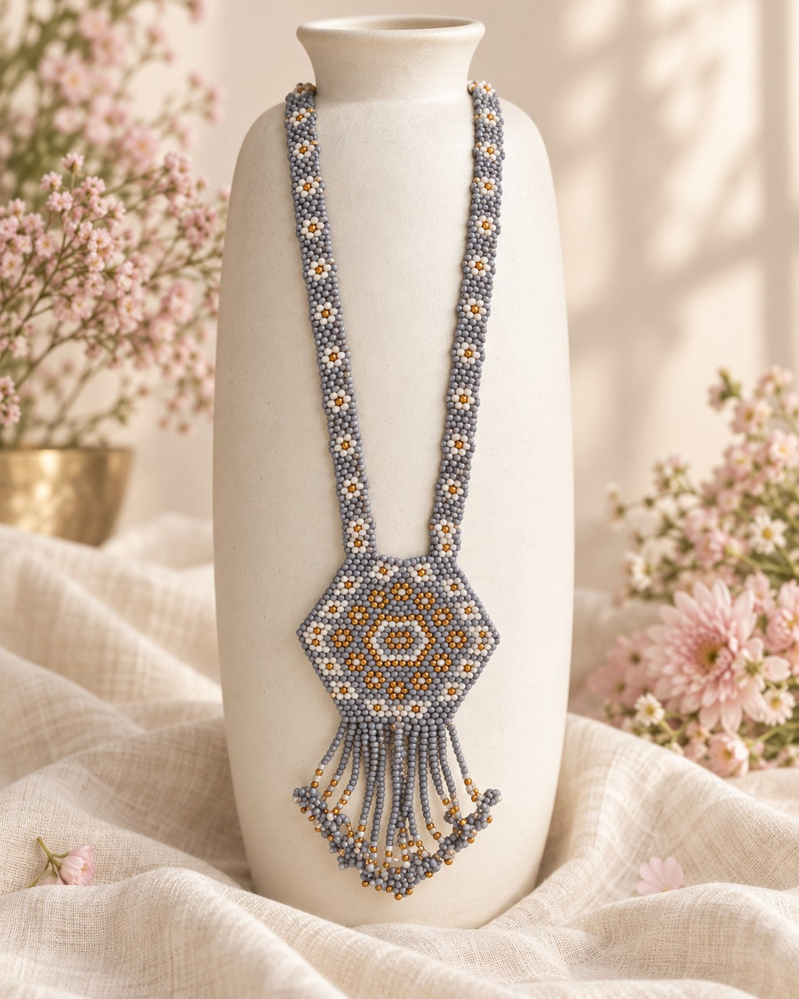 Styled image: Dhuan Geometric Beaded Mangalsutra Set on a white vase