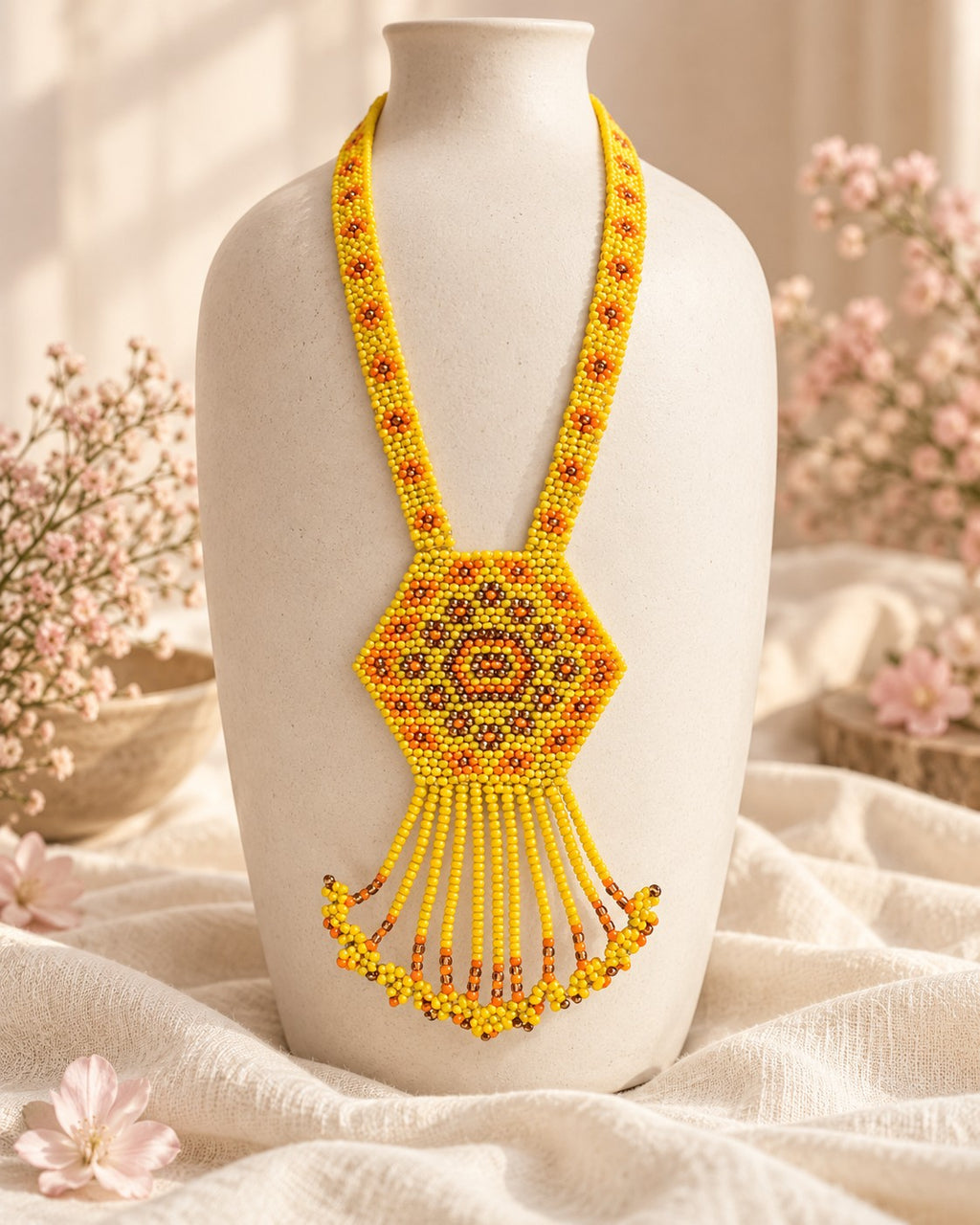Styled image: Haldi Geometric Beaded Mangalsutra Set on a white vase
