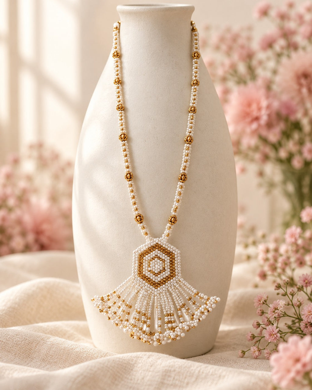 Styled image: Chandni Long Beaded Mangalsutra Set on a white vase