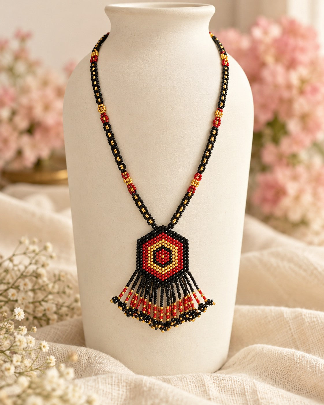 Styled image: Shyam Long Beaded Mangalsutra Set on a white vase
