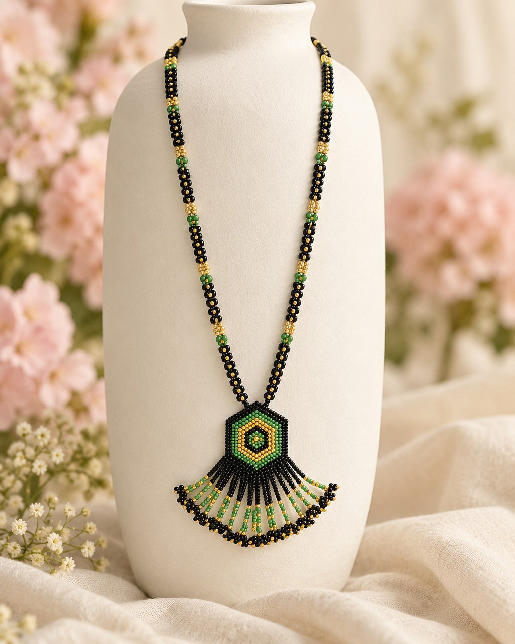Styled image: Dhani Long Beaded Mangalsutra Set on a white vase