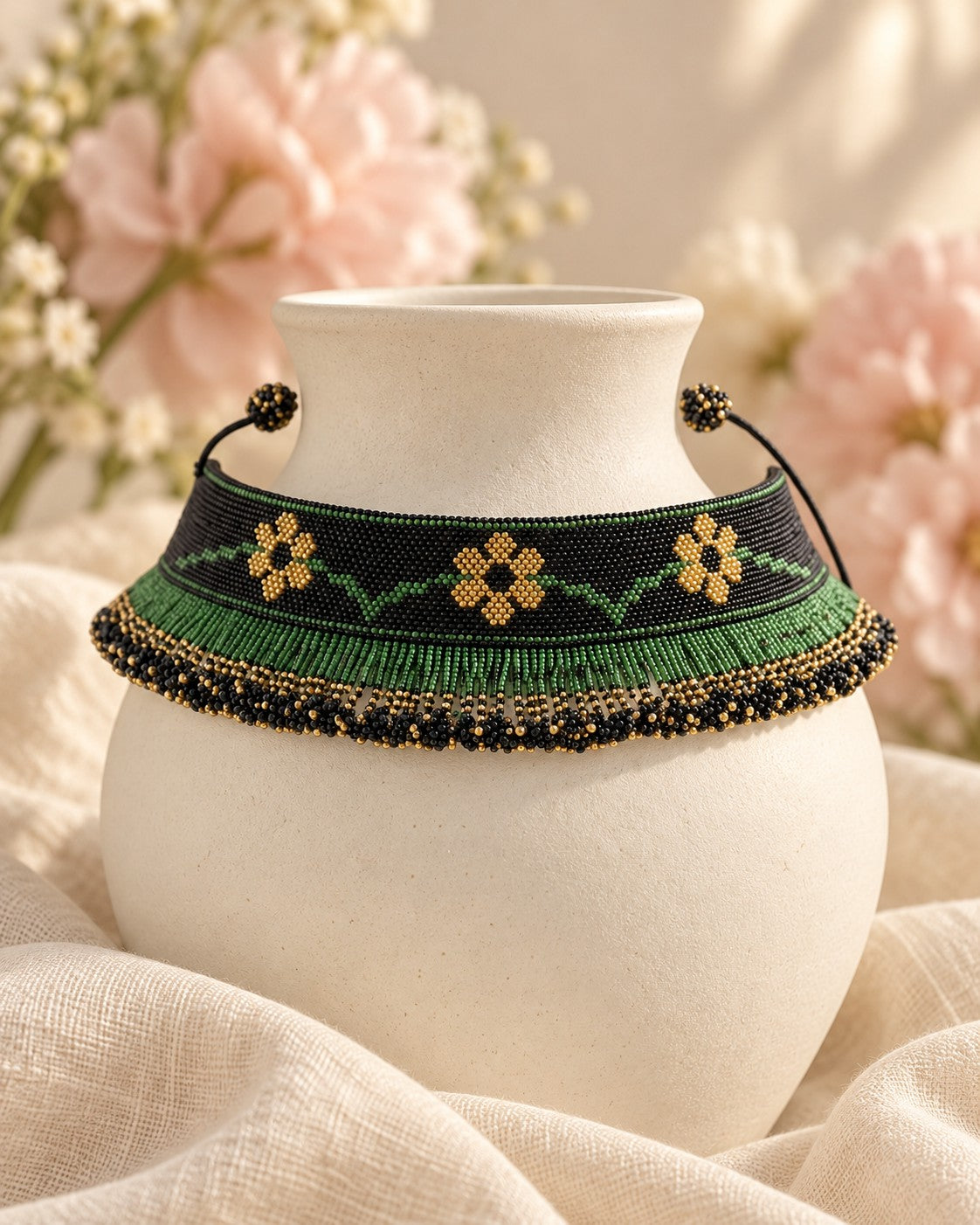 Styled image: Shyam Beaded Choker Necklace Set on a white vase