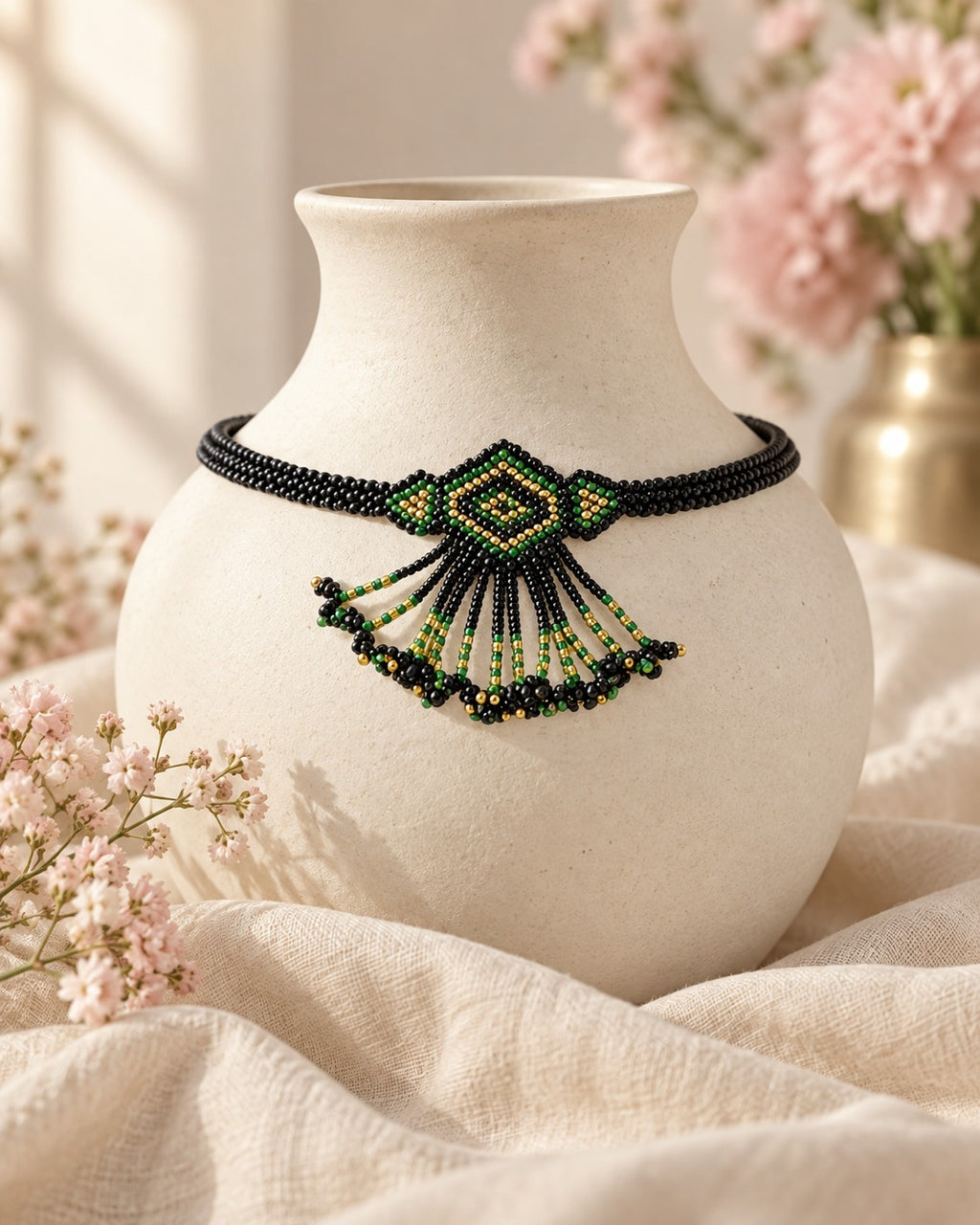 Styled image: Shyam Geometric Beaded Choker Necklace Set on a white vase