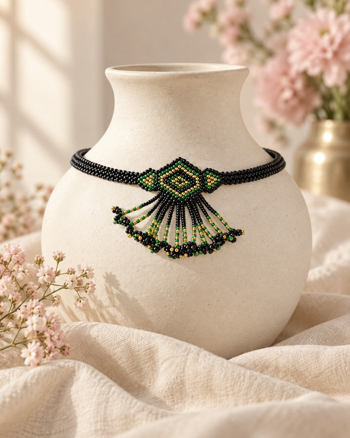 Styled image: Shyam Geometric Beaded Choker Necklace Set on a white vase