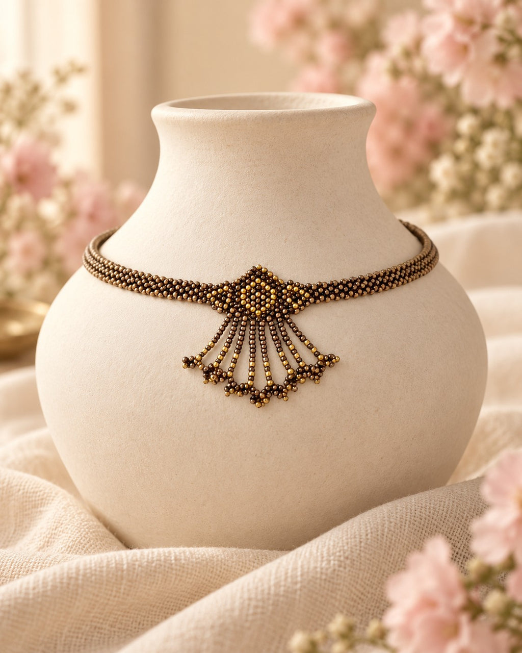 Styled image: Kattha Geometric Beaded Choker Necklace Set on a white vase