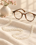 Styled photograph of the beaded eyeglass chain