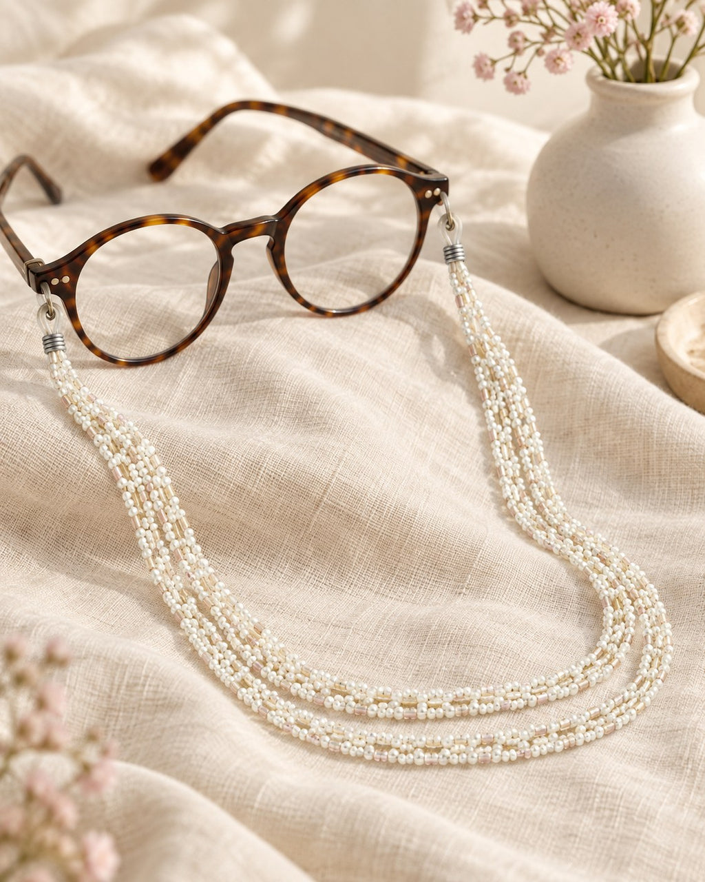 Styled photograph of the beaded eyeglass chain