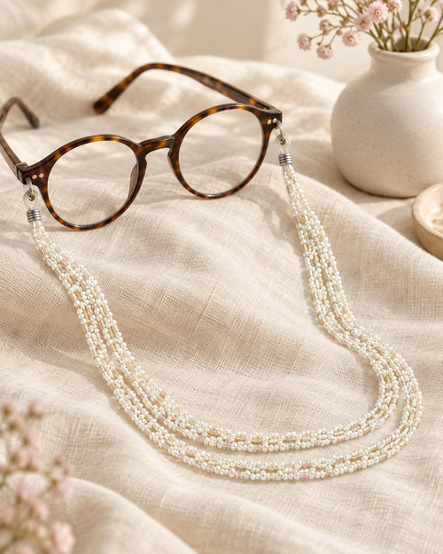 Styled photograph of the beaded eyeglass chain