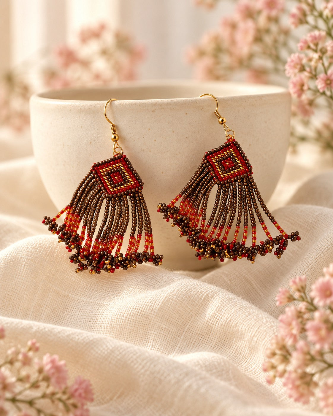 Styled image: Mitti Geometric Beaded Earrings on a ceramic bowl
