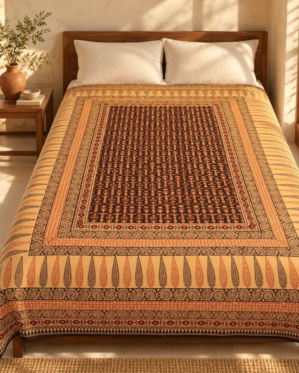 Hand block printed bedsheet styled in a bedroom