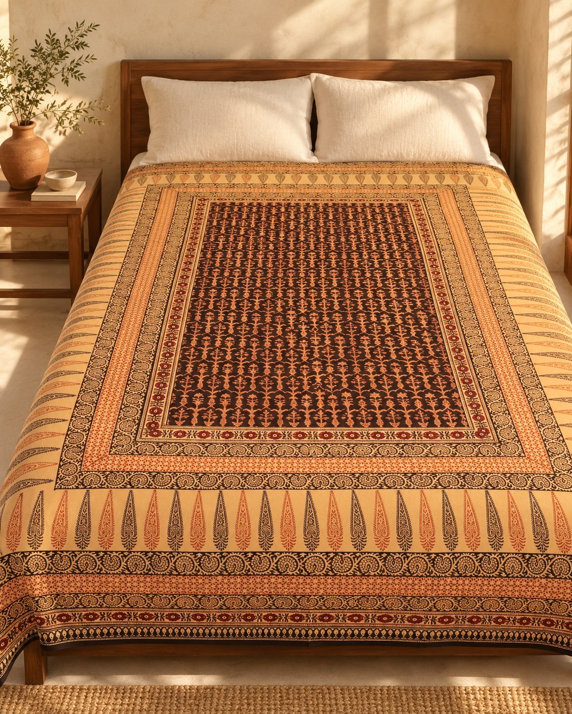 Hand block printed bedsheet styled in a bedroom