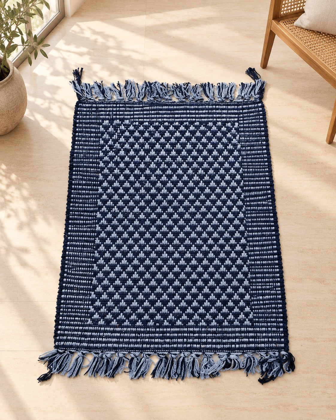 Handwoven Punja durrie styled in a room