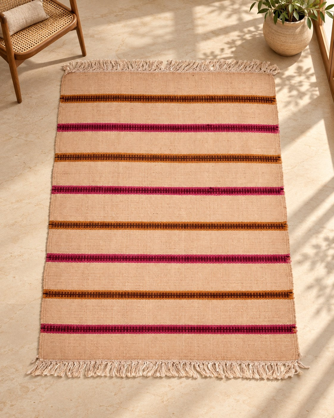 Handwoven Punja durrie styled in a room