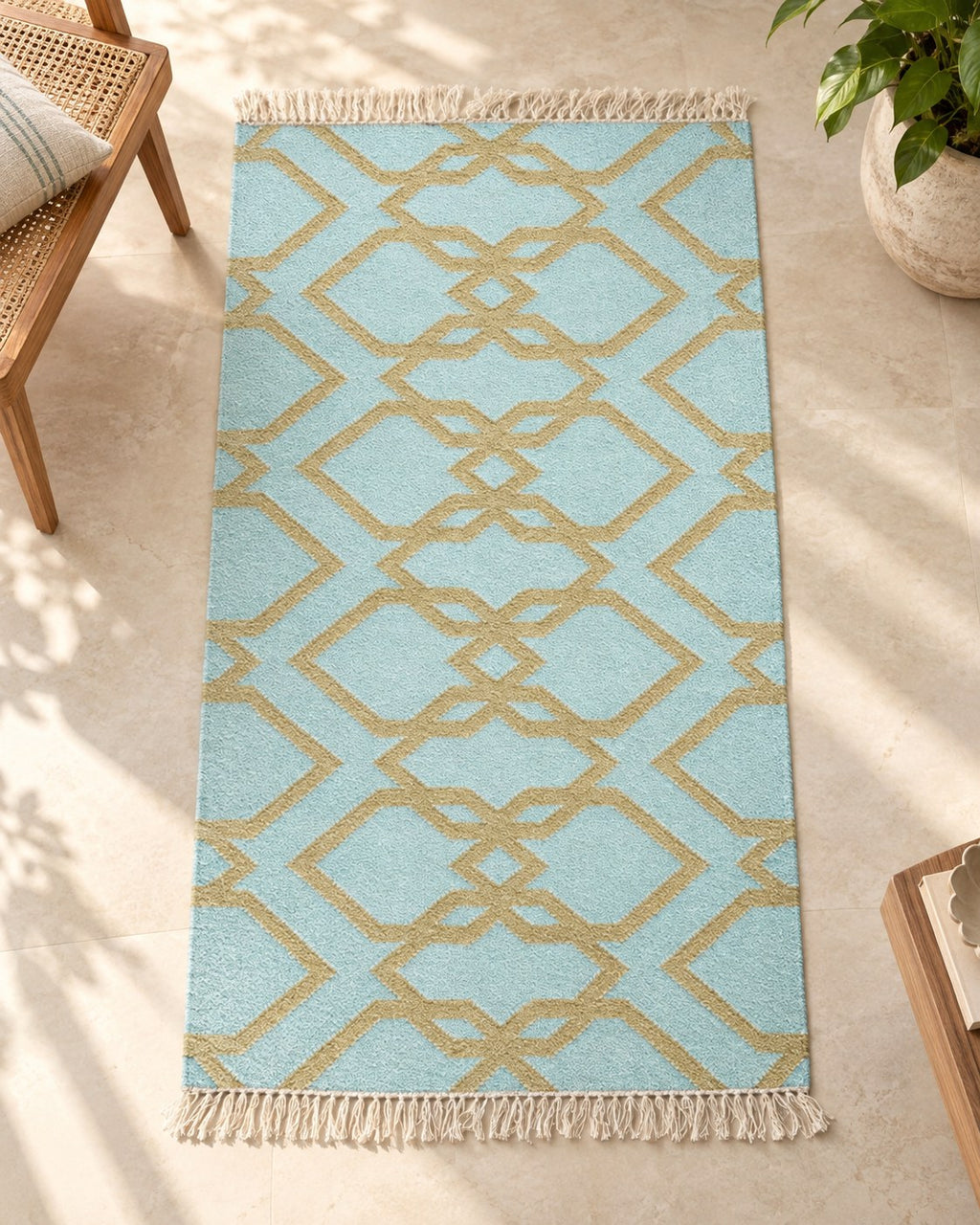Handwoven Punja durrie styled in a room