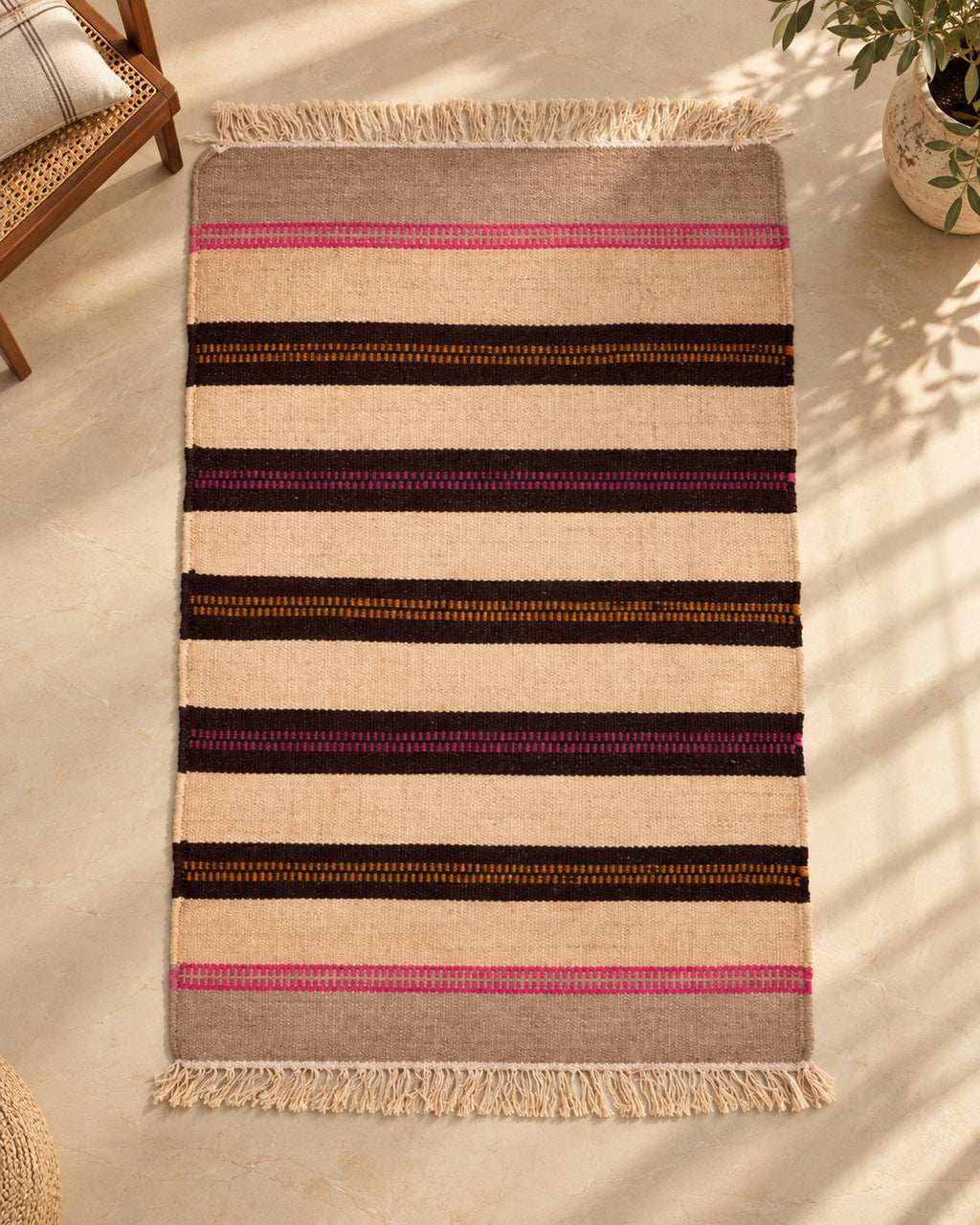 Handwoven Punja durrie styled in a room