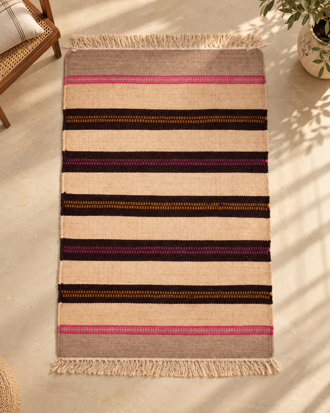 Handwoven Punja durrie styled in a room