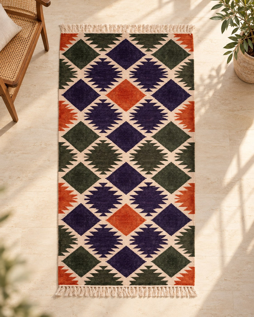 Handwoven Punja durrie styled in a room