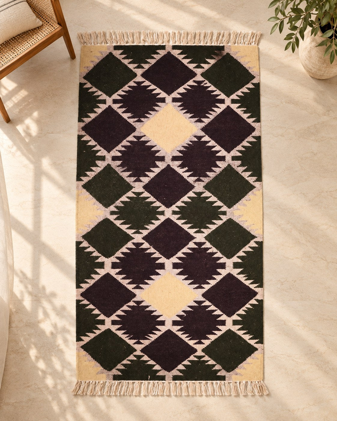 Handwoven Punja durrie styled in a room