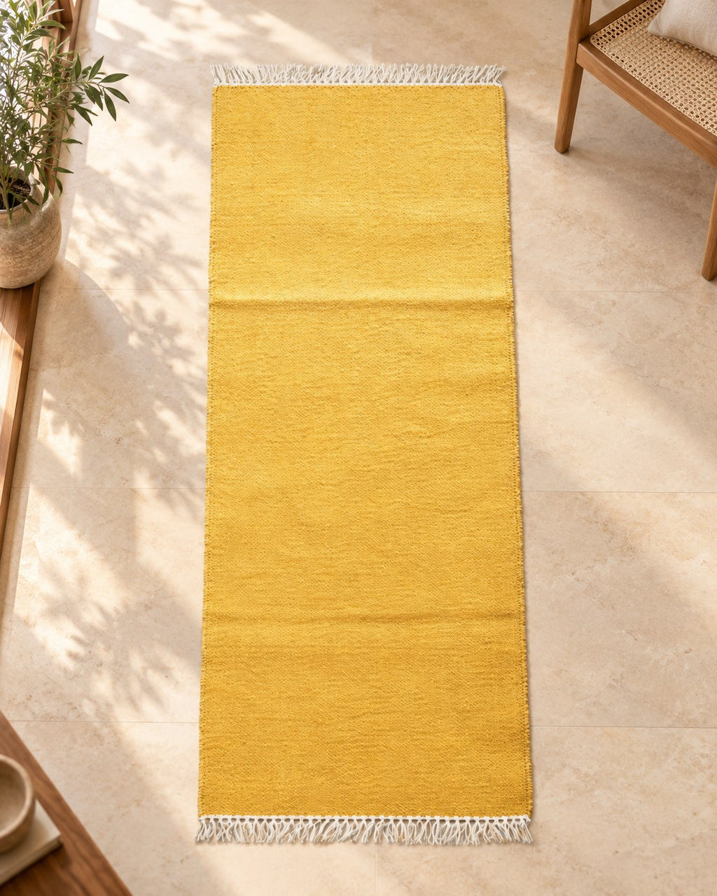 Handwoven Punja durrie styled in a room