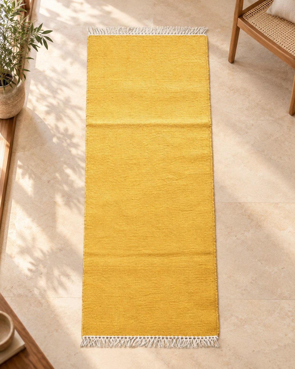 Handwoven Punja durrie styled in a room