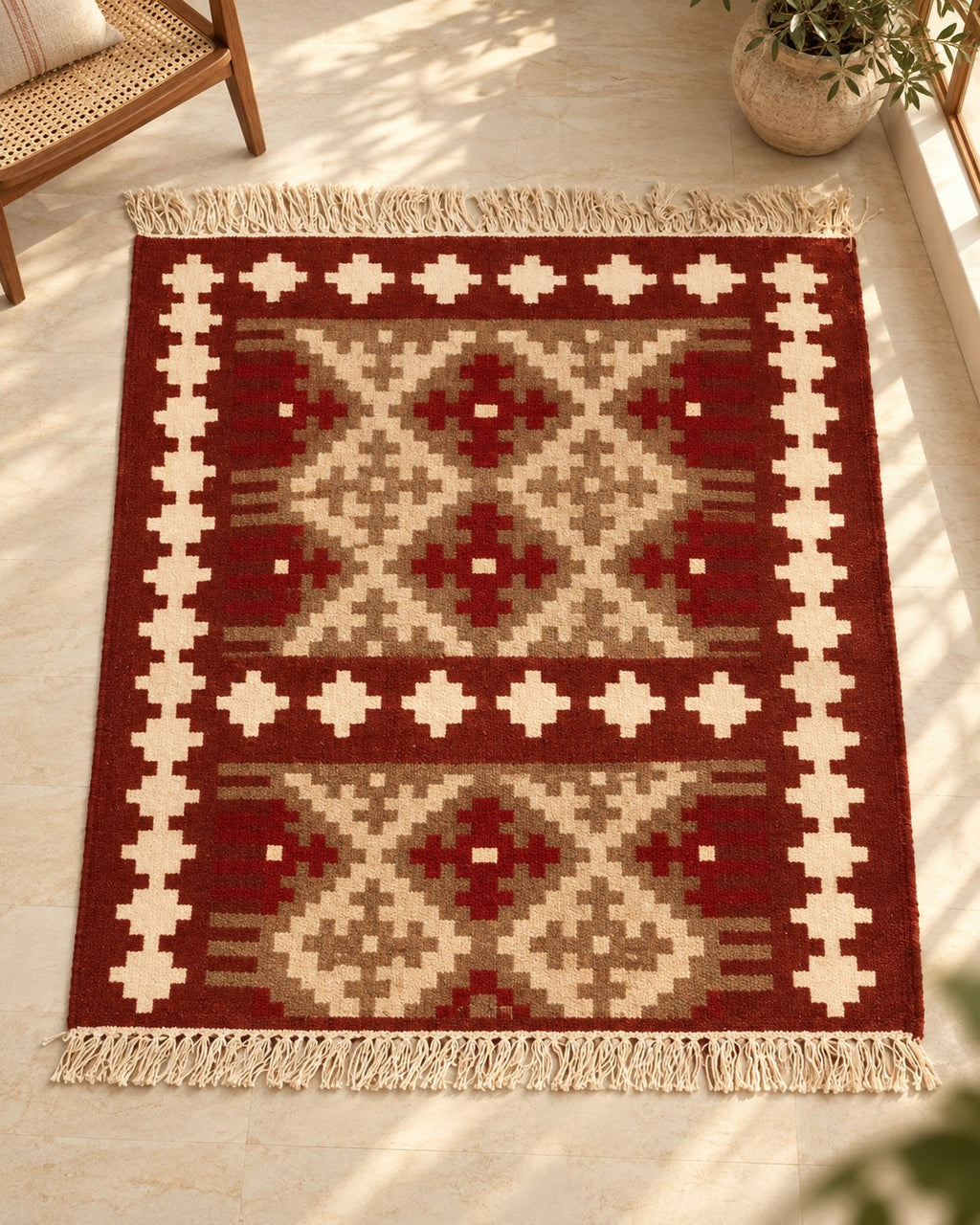 Handwoven Punja durrie styled in a room