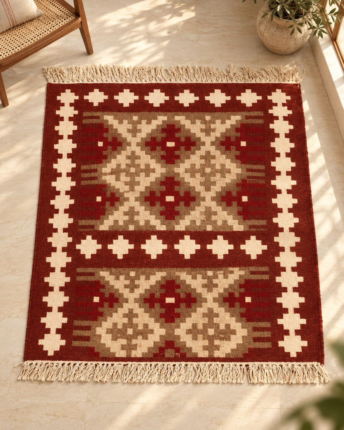 Handwoven Punja durrie styled in a room