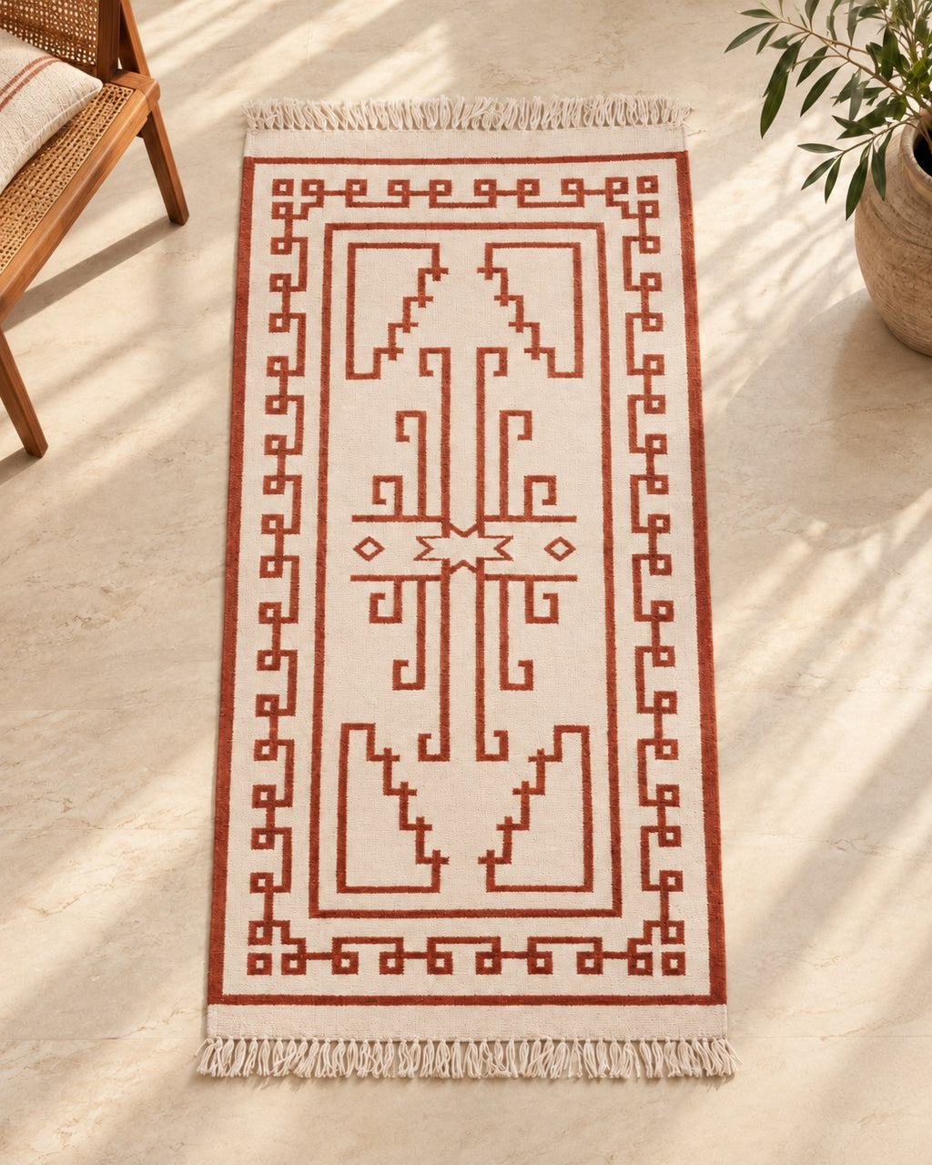 Handwoven Punja durrie styled in a room