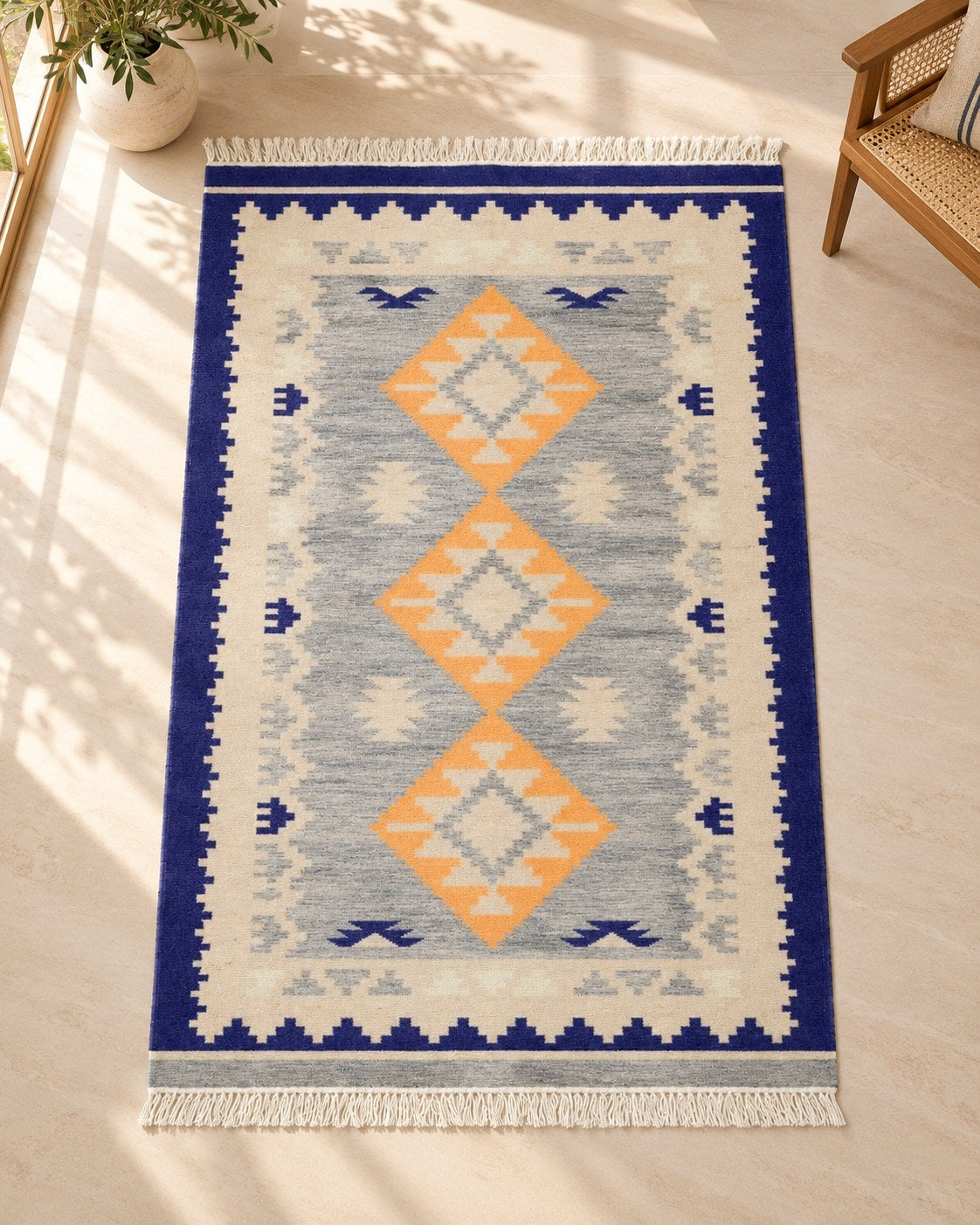 Handwoven Punja durrie styled in a room