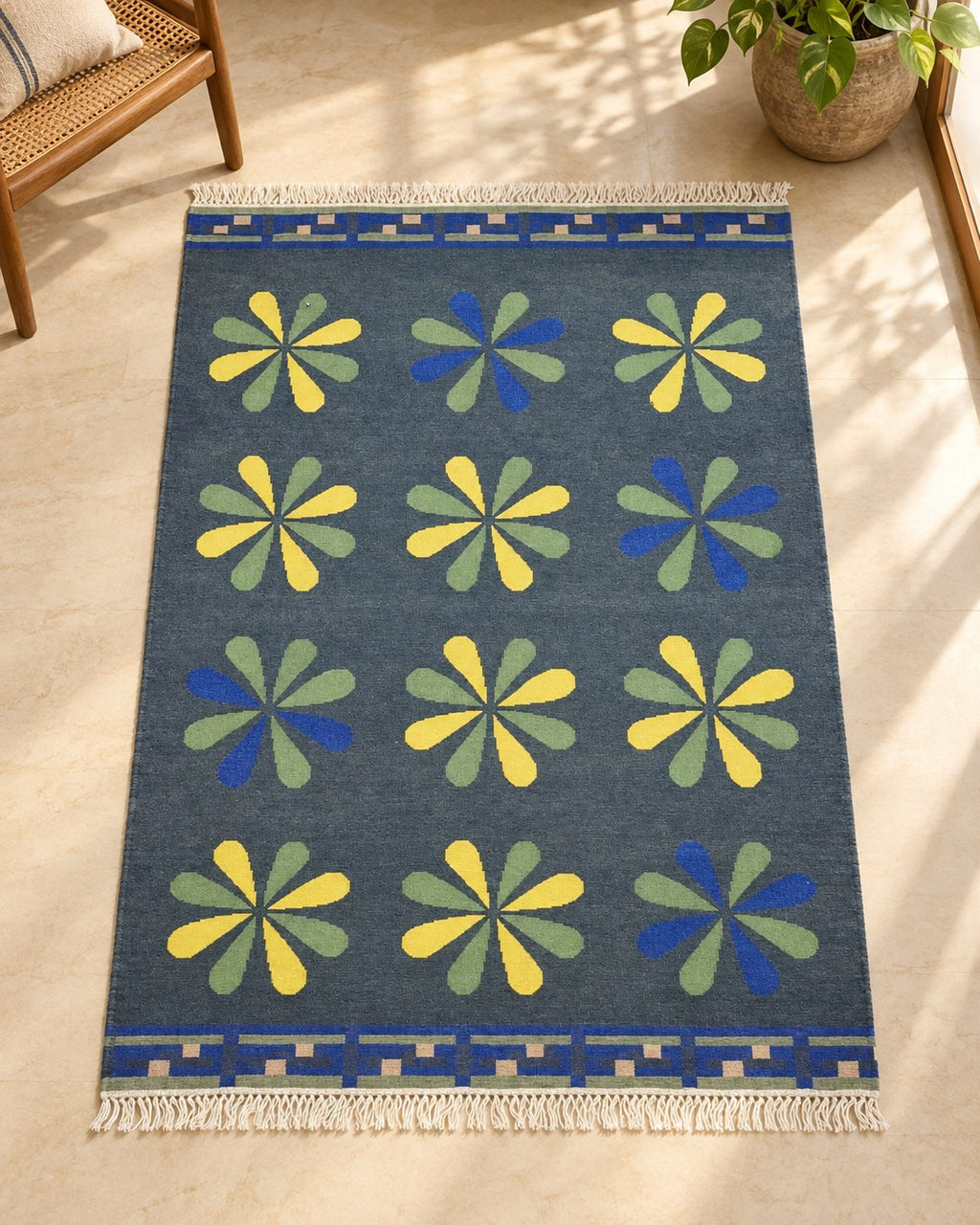 Handwoven Punja durrie styled in a room