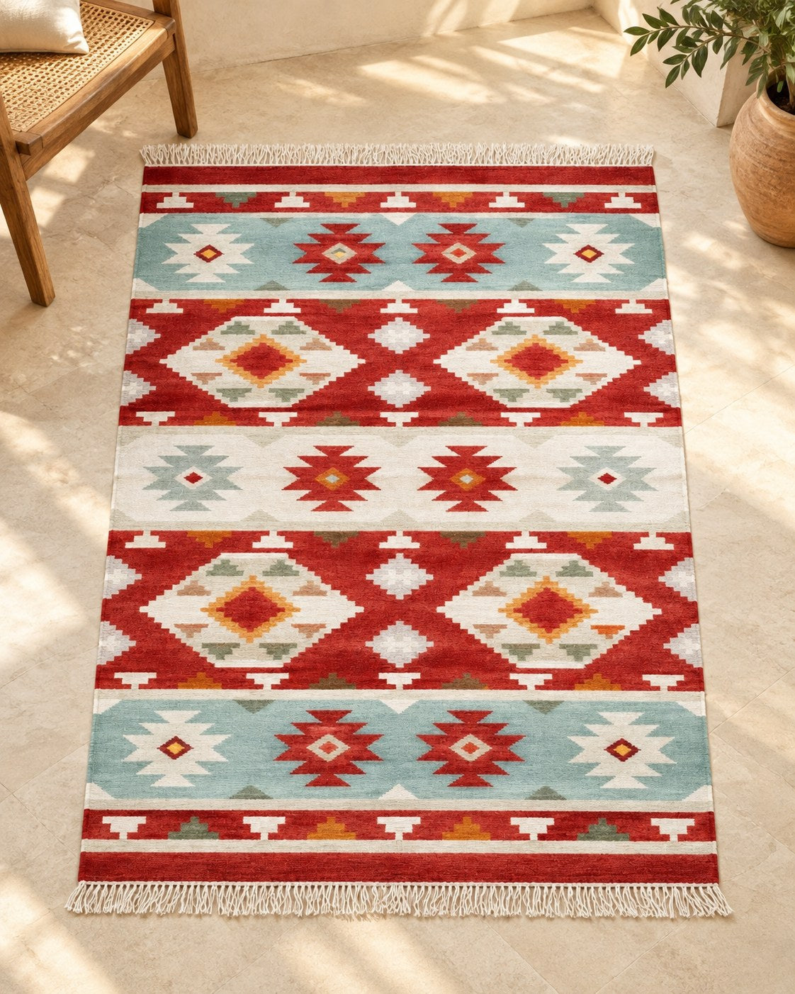 Handwoven Punja durrie styled in a room