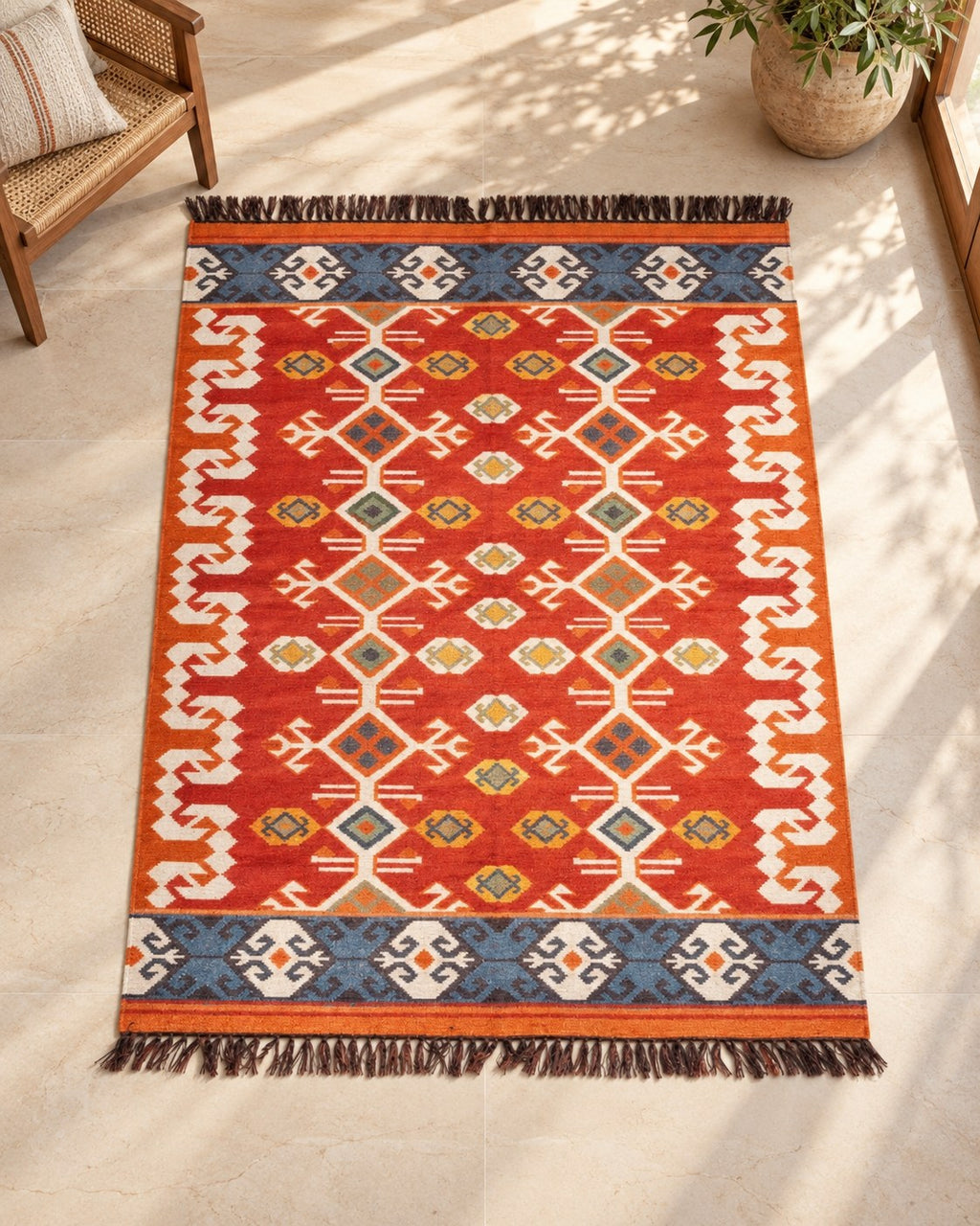 Handwoven Punja durrie styled in a room
