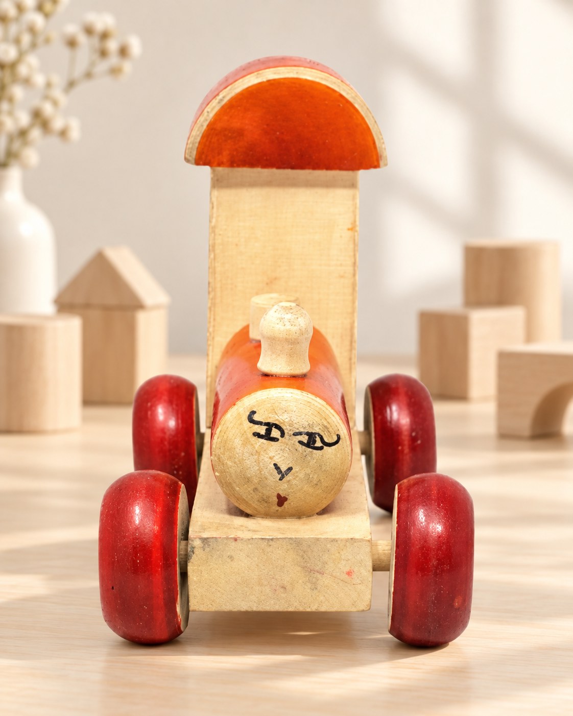 Styled photograph of the handcrafted wooden toy