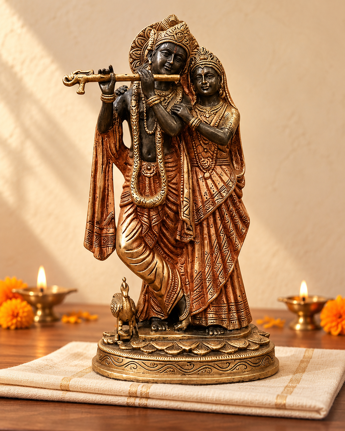 Styled image: Radha Krishna Brass Idol, Antique Copper and Black, on ivory handloom with Diwali diyas
