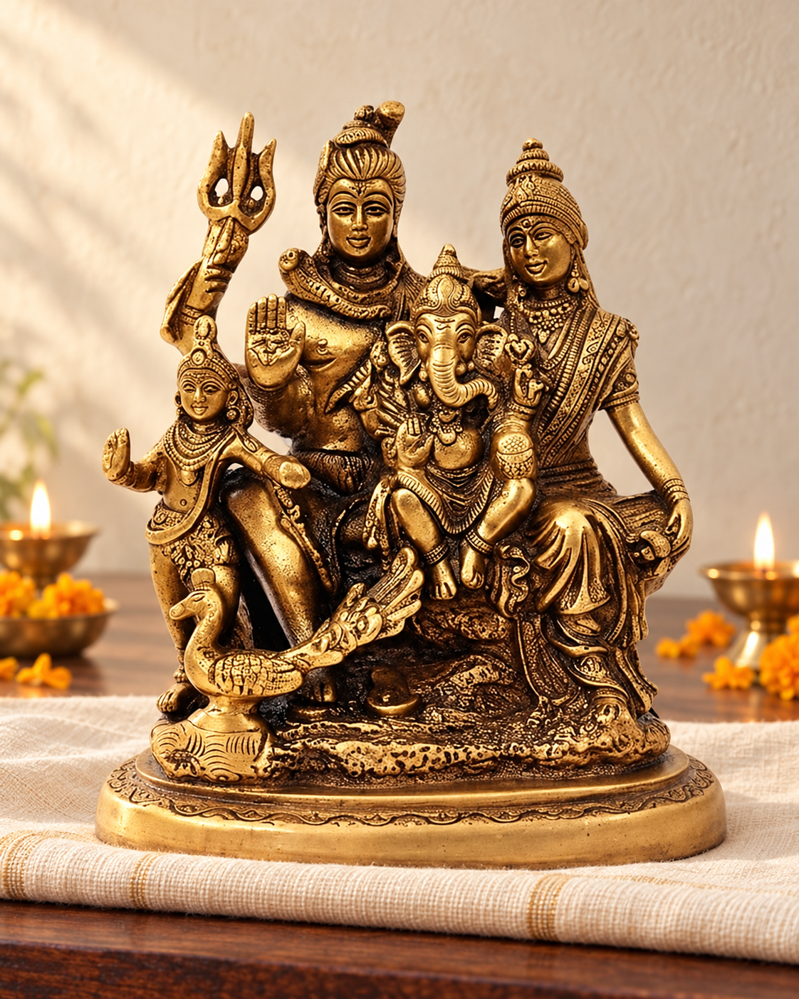Styled image: Shiv Parivar Brass Idol on ivory handloom with Diwali diyas
