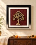 Styled image: Tree of Life Brass Wall Frame above a console with Diwali diyas